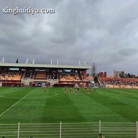 A football stadium with players on the field, spectators in the stands, and cloudy skies overhead. Security personnel are positioned near the fence in front of the stands.